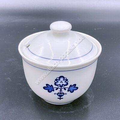 Sugar bowl with blue decor - View from back - Bohemia Settler Tableware